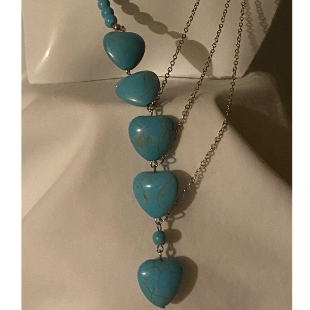 Unique Turquoise & Layered Sterling Silver Chain  Drop Heart Necklace - Picture 5 of 6